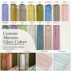 Custom Murano glass color samples for lighting projects, featuring customizable blue, pink, green, grey, opal, frosted white and frosted pink glass finishes.