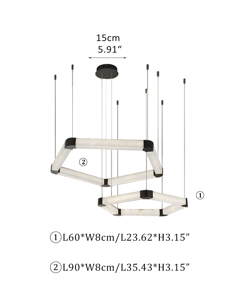 Ring lamps on string suspension in the form of pentagons made of Spanish marble and metal corners