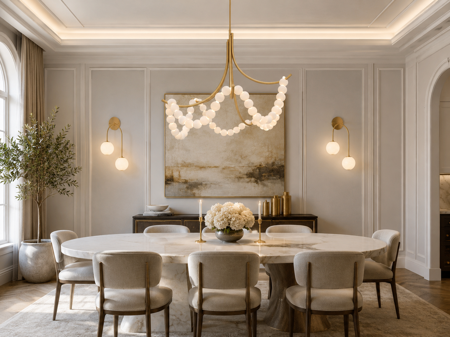 Dining room with alabaster chandelier and matching alabaster wall sconces