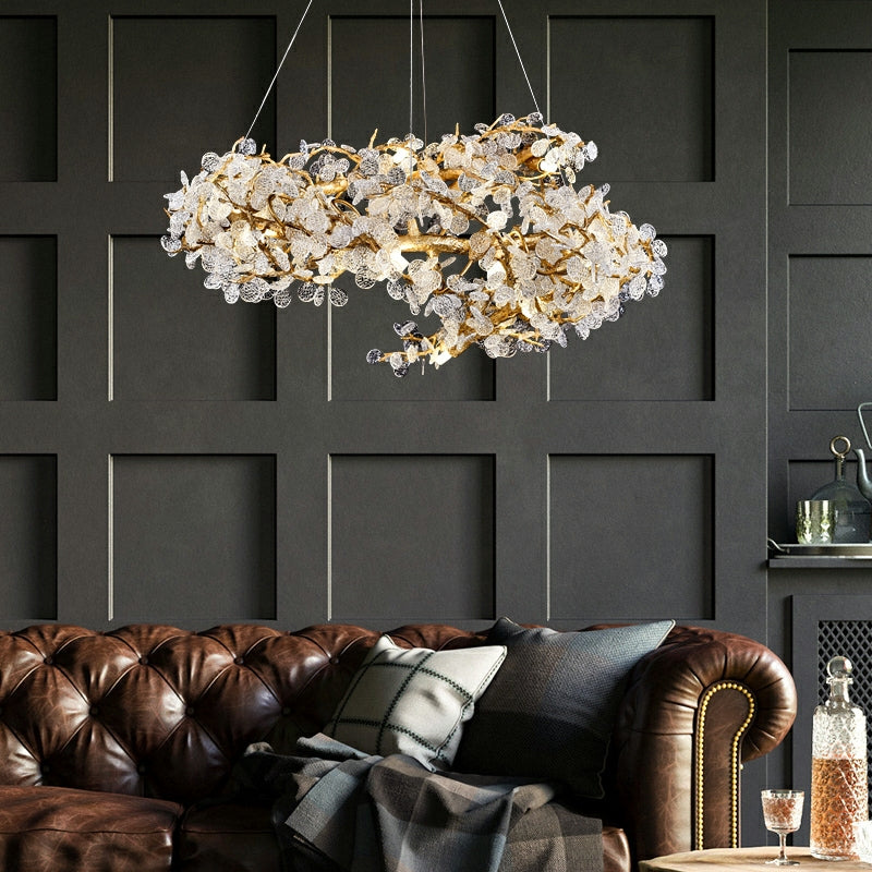 Elegant Brass Branch Chandelier Crystal Leaves Pendant Light For Living/ Bedroom Decor by Bling Lighting Studio