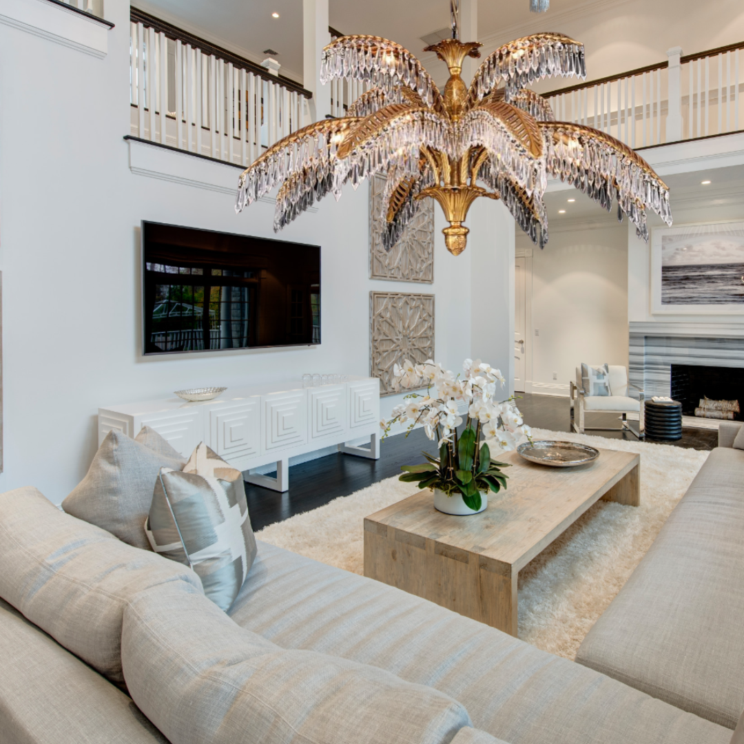 Luxury Palm Tree Crystal Chandelier in Brass for Living Room and Low Ceiling Spaces by Bling Lighting Studio