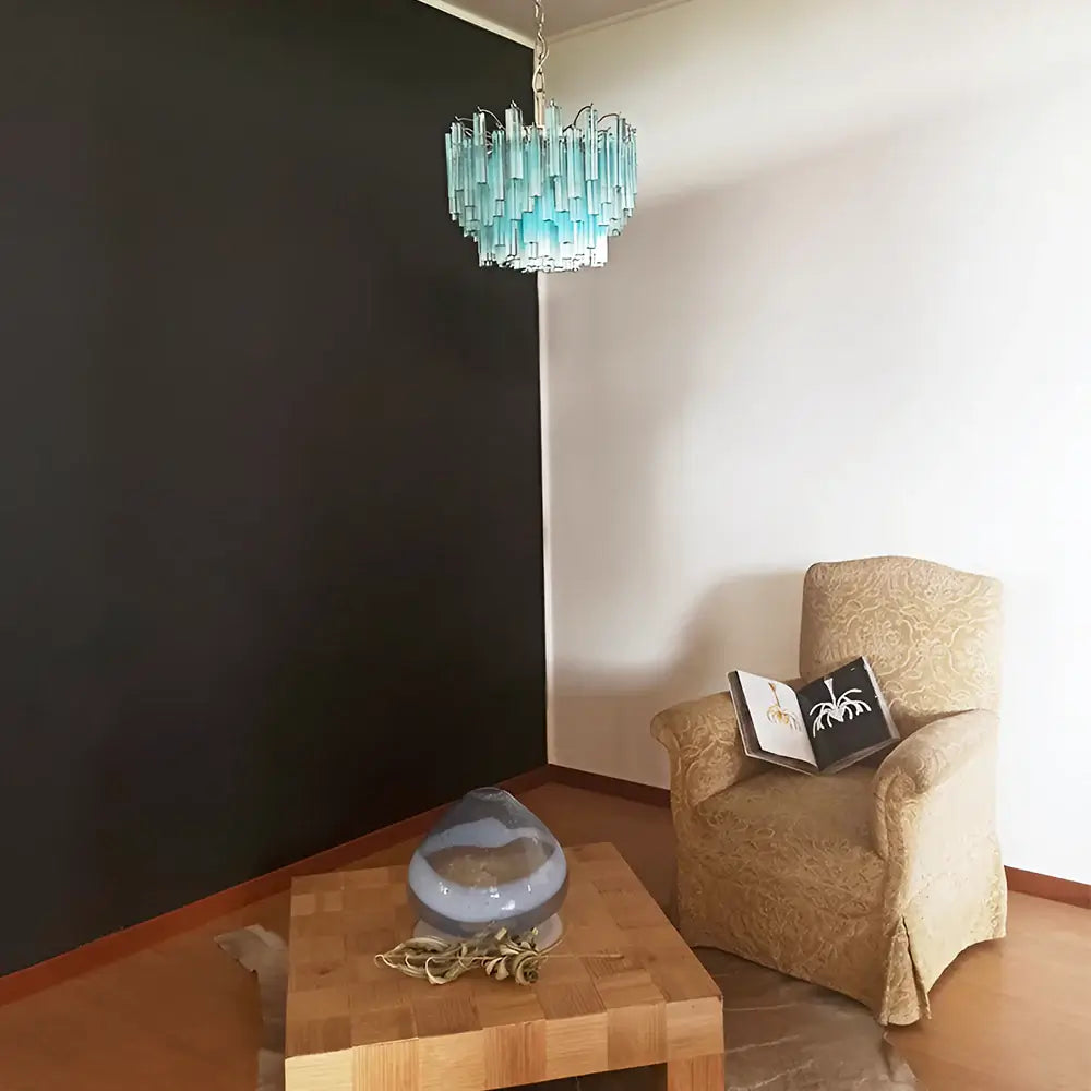 Gorgeous Murano Quadriedri Prisms Blue Chandelier detail view