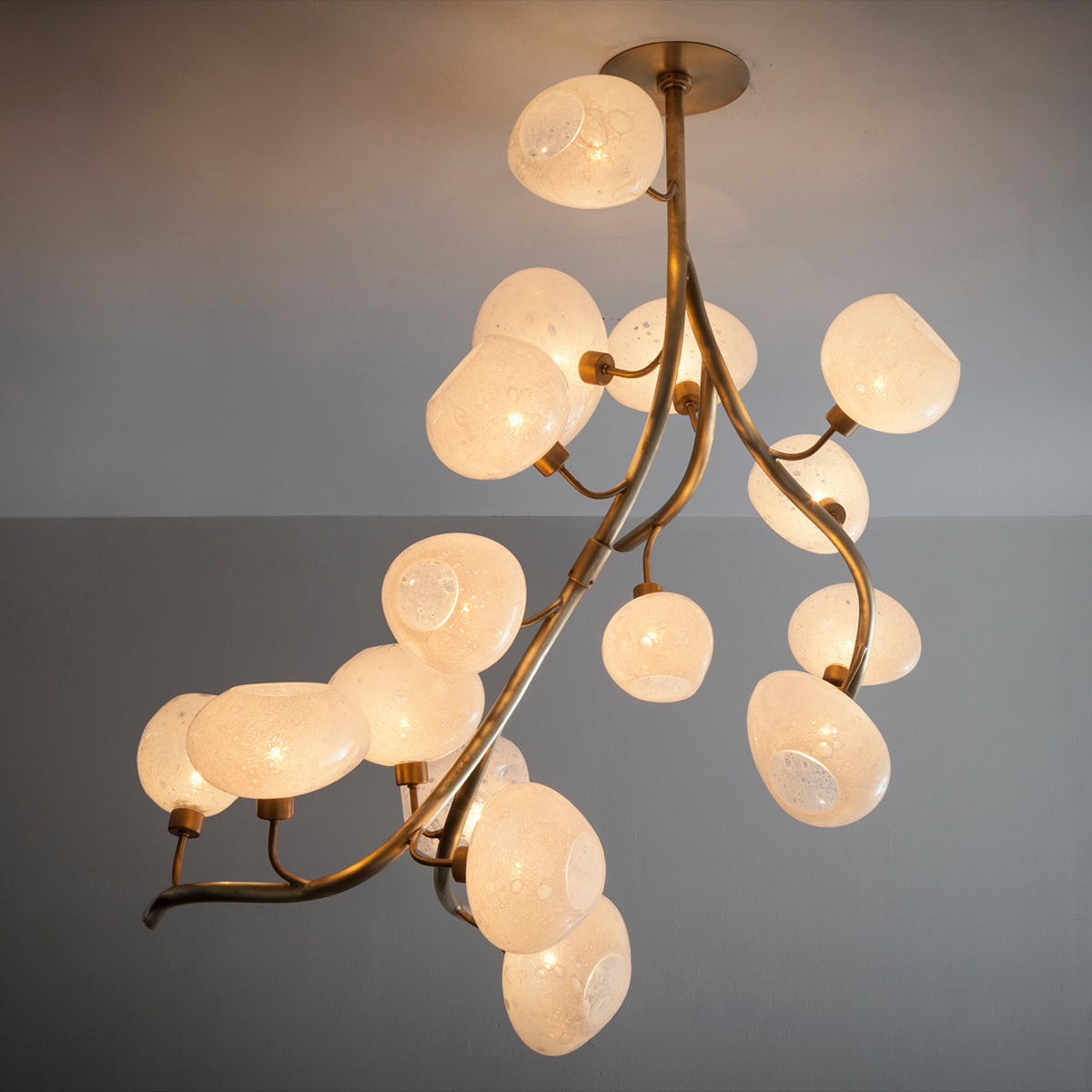 Modern Chandelier with Irregular Glass Lampshades and Brass Branches by Bling Lighting Studio
