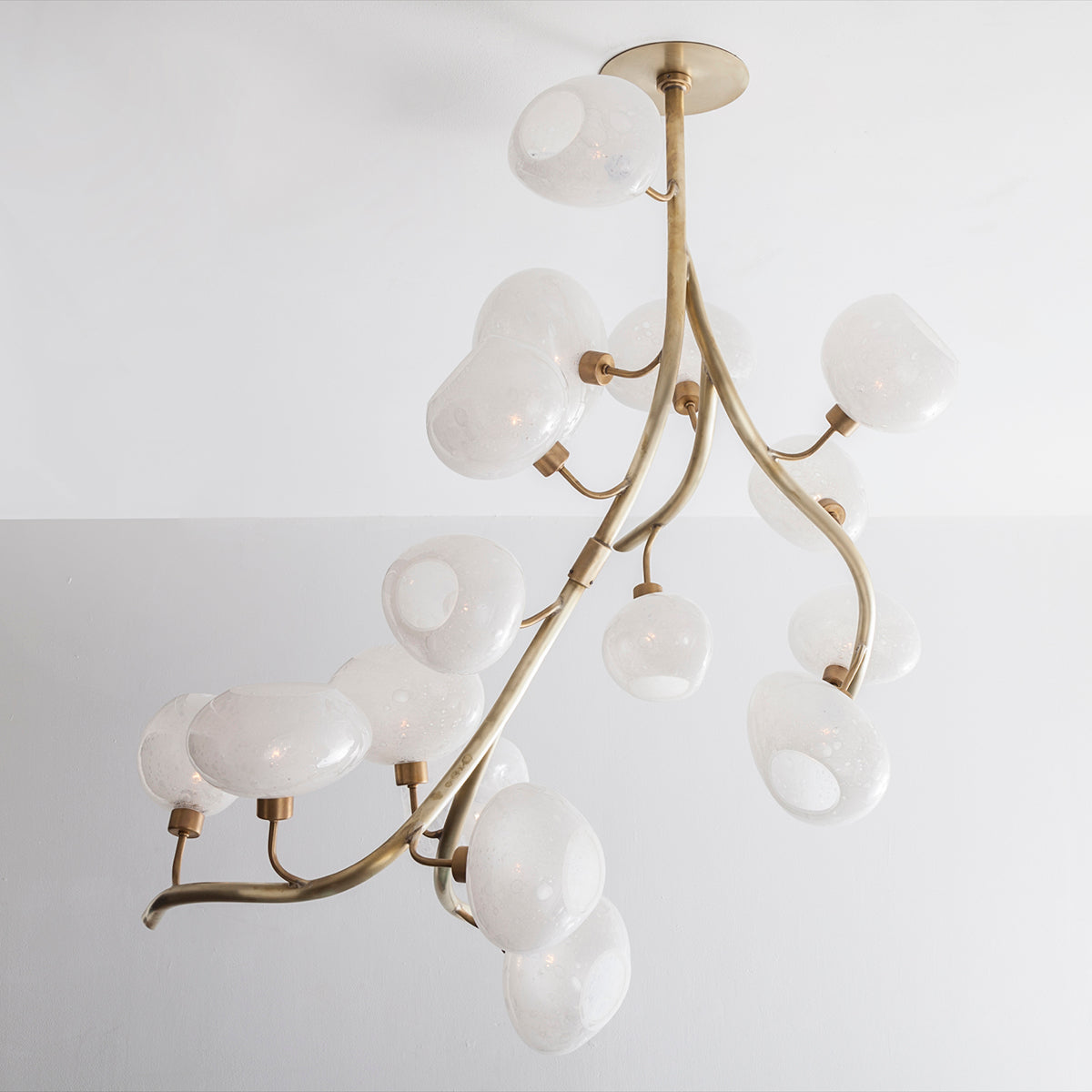 Modern Chandelier with Irregular Glass Lampshades and Brass Branches by Bling Lighting Studio