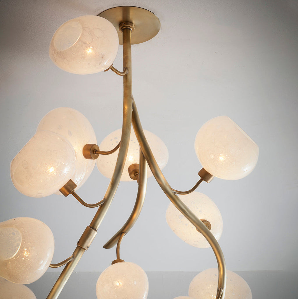 Modern Chandelier with Irregular Glass Lampshades and Brass Branches by Bling Lighting Studio