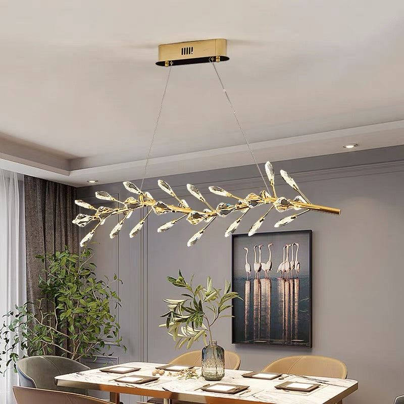 Sleek Modern Branch Crystal Leaves Linear Chandelier for Kitchen Island and Dining Room by Bling Lighting Studio