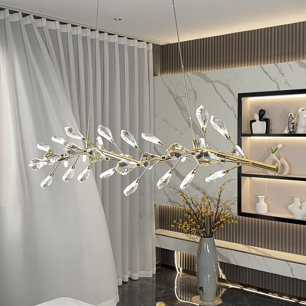Sleek Modern Branch Crystal Leaves Linear Chandelier for Kitchen Island and Dining Room by Bling Lighting Studio