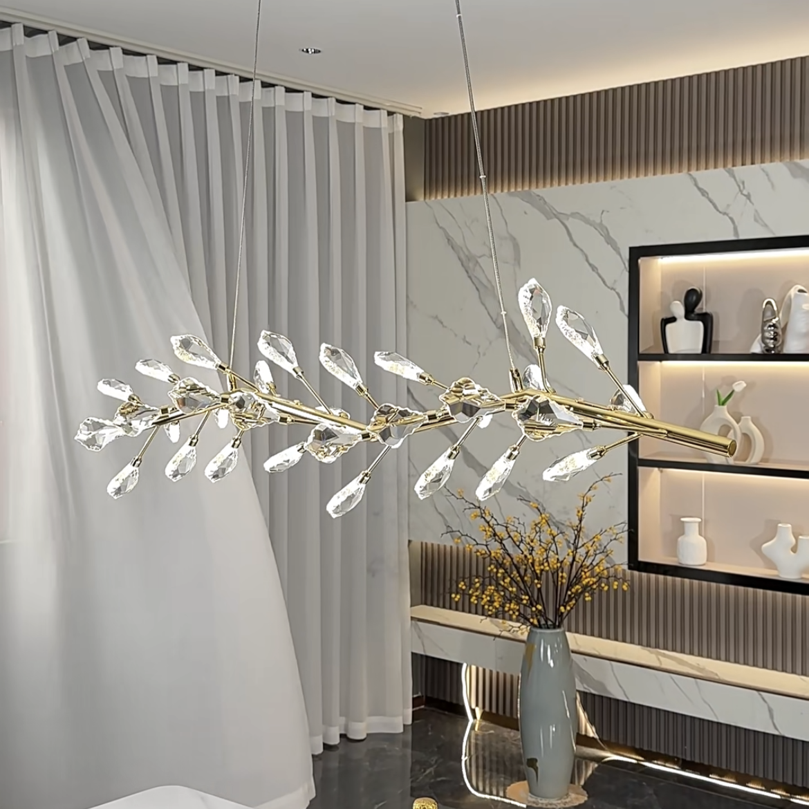 Sleek Modern Branch Crystal Leaves Linear Chandelier for Kitchen Island and Dining Room by Bling Lighting Studio