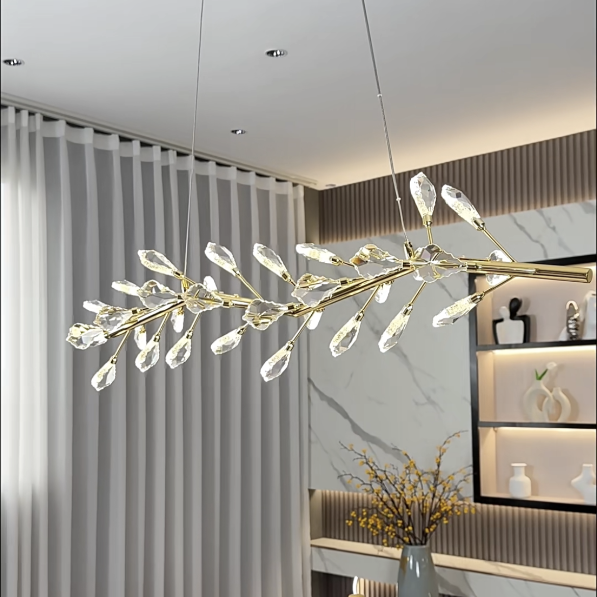 Sleek Modern Branch Crystal Leaves Linear Chandelier for Kitchen Island and Dining Room by Bling Lighting Studio