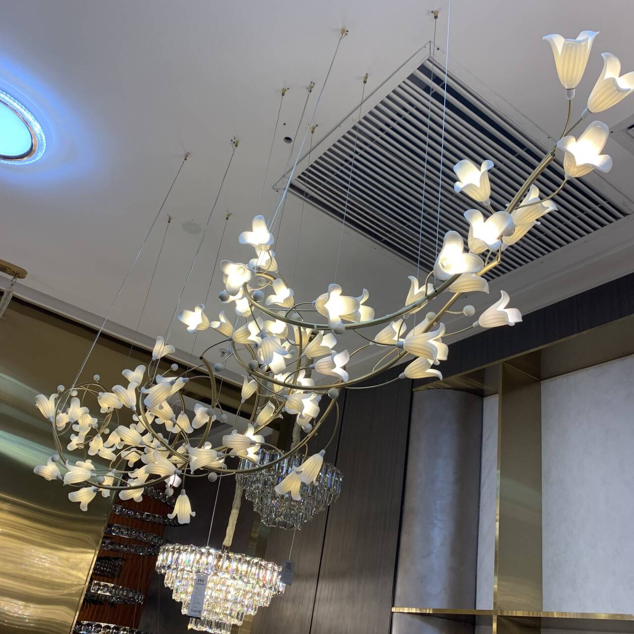 Modern Brass Branch Ceramics Flower Chandelier for Stylish Living Room Hotel and Restaurant by Bling Lighting Studio