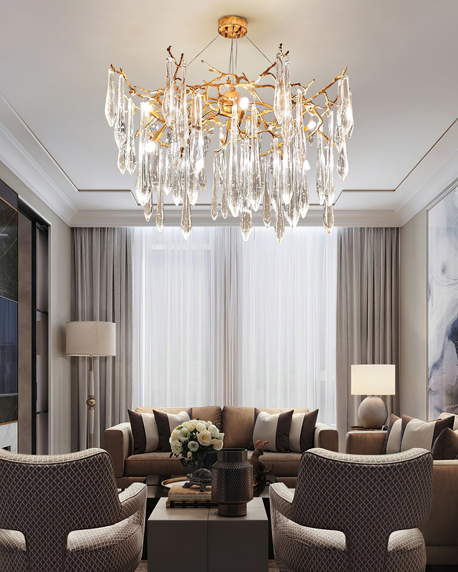 Icicle Branch Brass Crystal Chandelier by Bling Lighting Studio