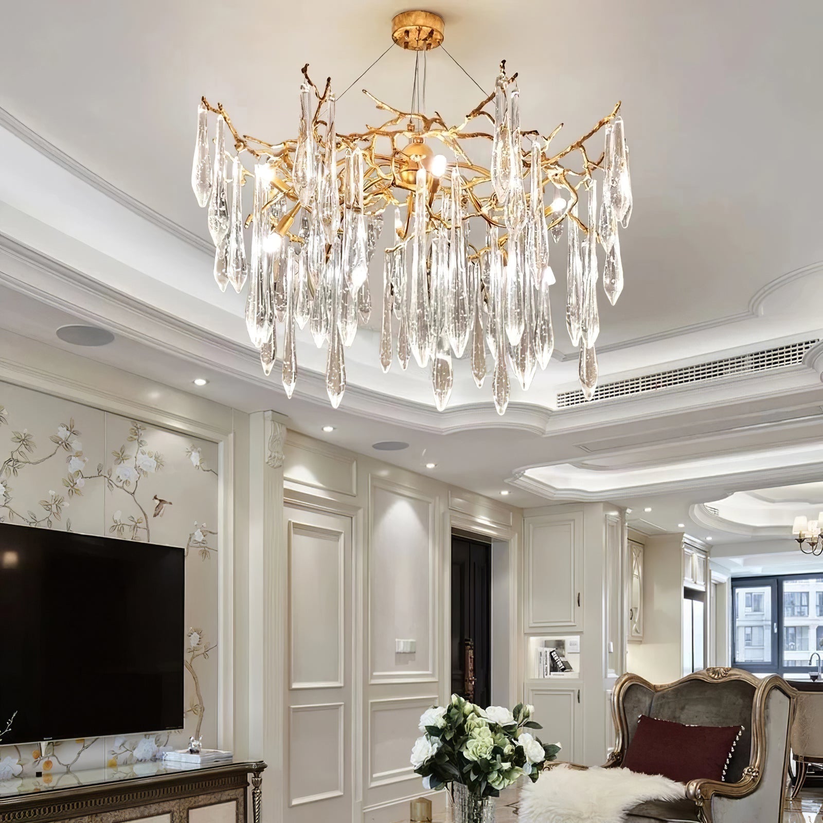 Icicle Branch Brass Crystal Chandelier by Bling Lighting Studio