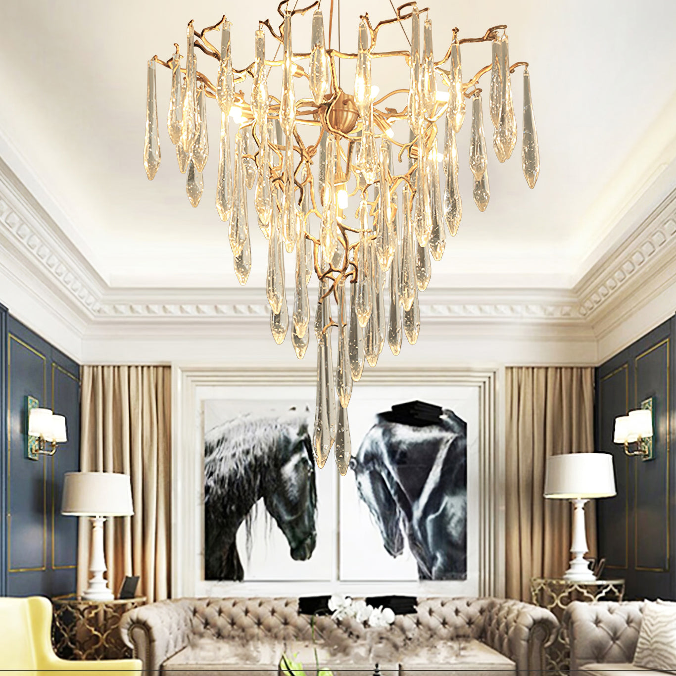 Icicle Branch Brass Crystal Chandelier by Bling Lighting Studio