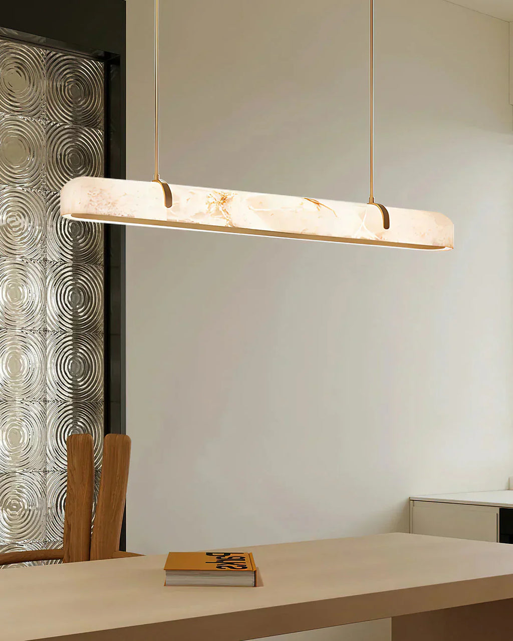 Linear Alabaster Chandelier, Kitchen Island Pendant Light by Bling Lighting Studio