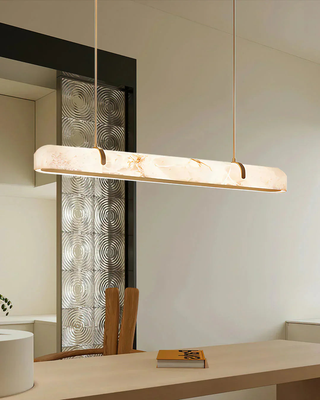 Linear Alabaster Chandelier, Kitchen Island Pendant Light by Bling Lighting Studio