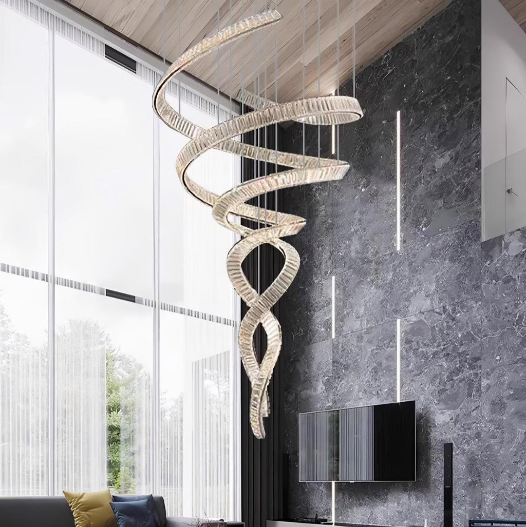 Tall Twisting Glass Staircase Chandelier material and finish detail