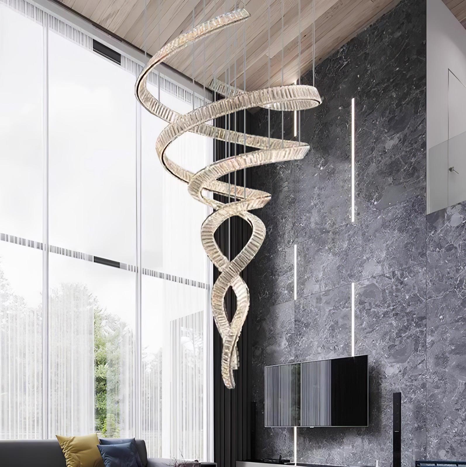 Tall Twisting Glass Staircase Chandelier material and finish detail