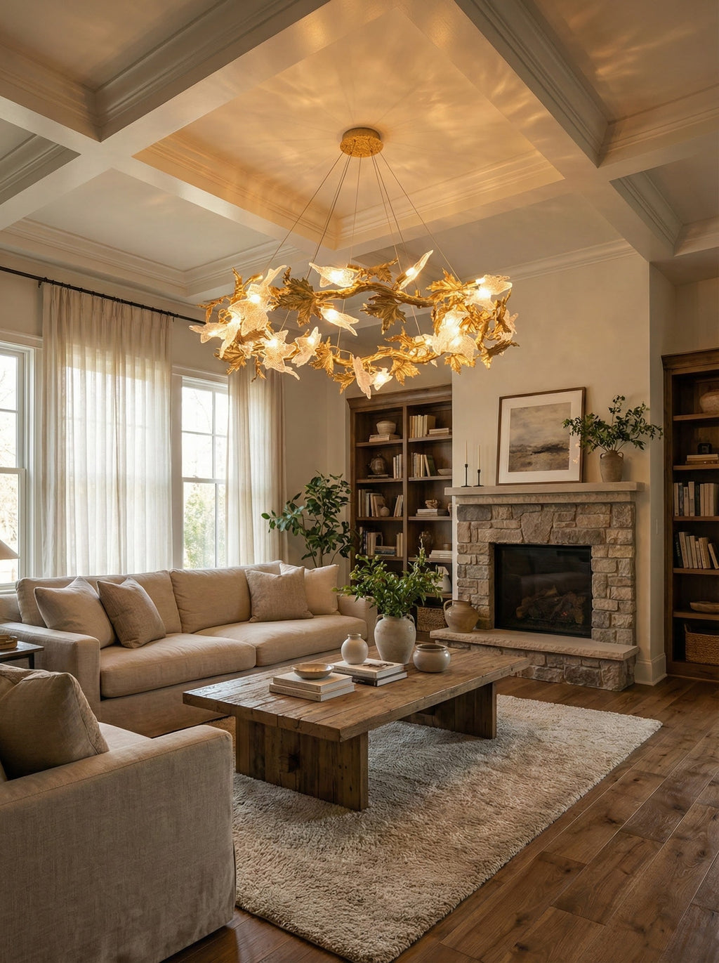 Maple Leaf Brass Branch Chandelier detail view