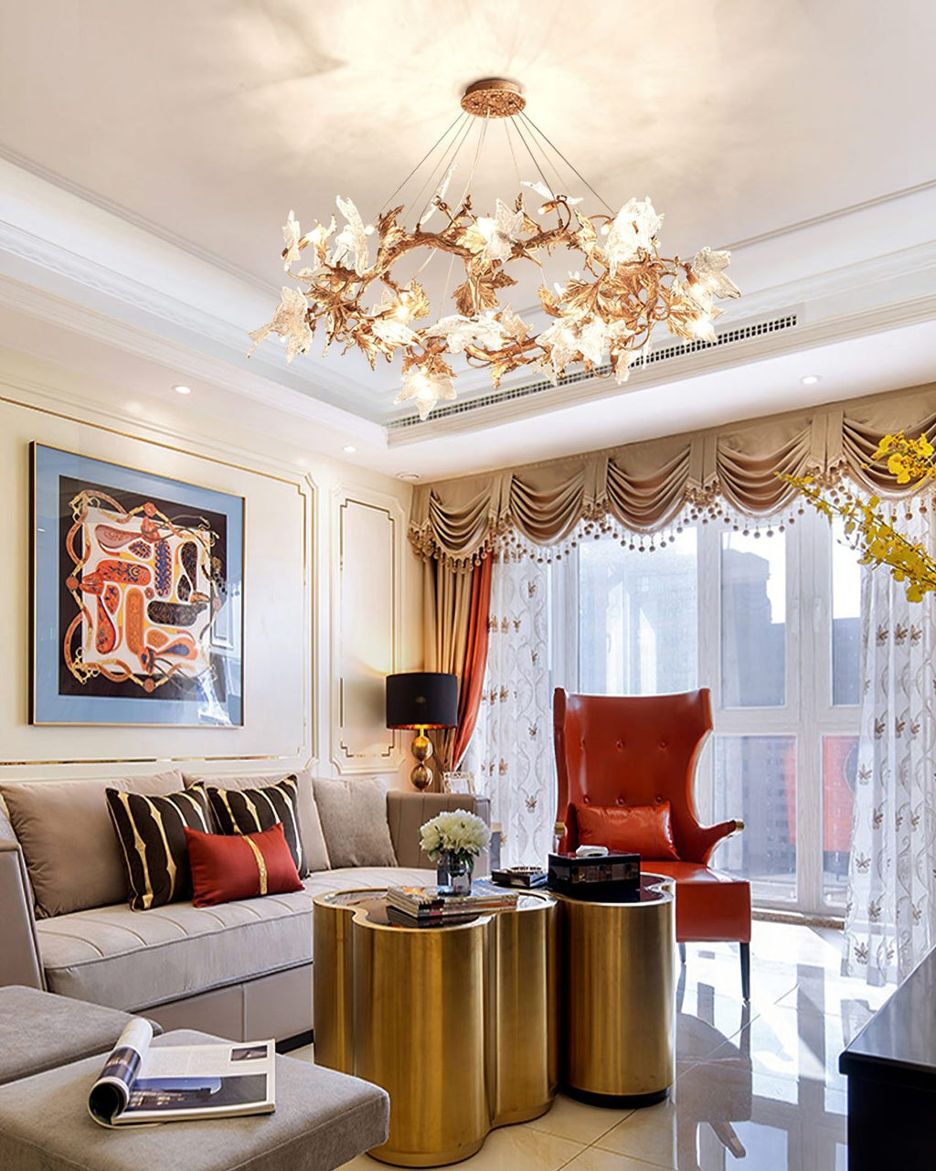 Maple Leaf Brass Branch Chandelier material and finish detail