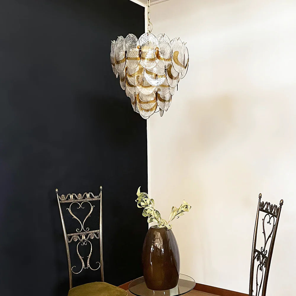 Mazzega Murano Transparent Amber Glasses Chandelier detail view