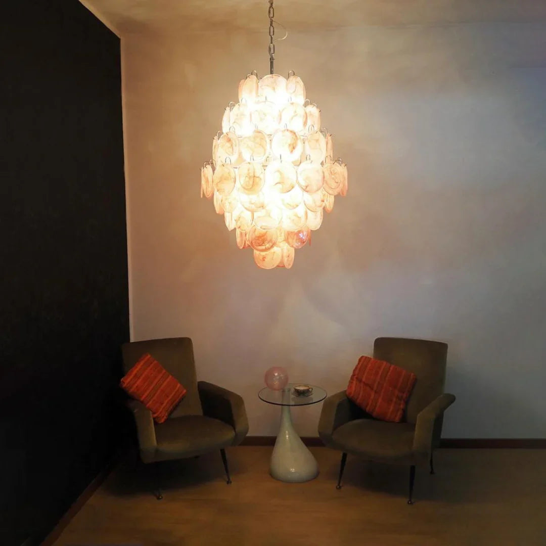Huge Vintage Murano Pink Disks Chandelier detail view