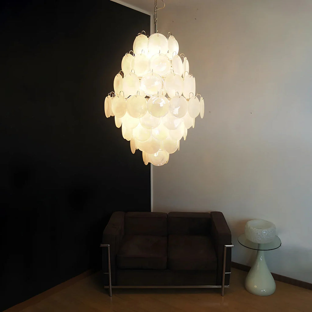 Huge Vintage Murano White Disks Chandelier detail view