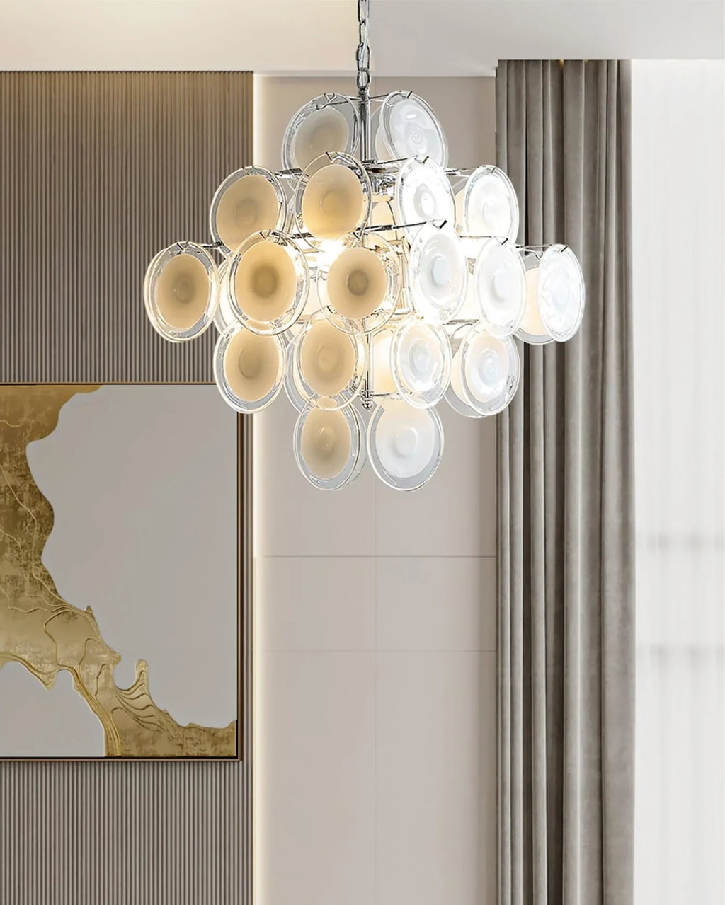 Murano Disc White Clear Glass Chandelier material and finish detail