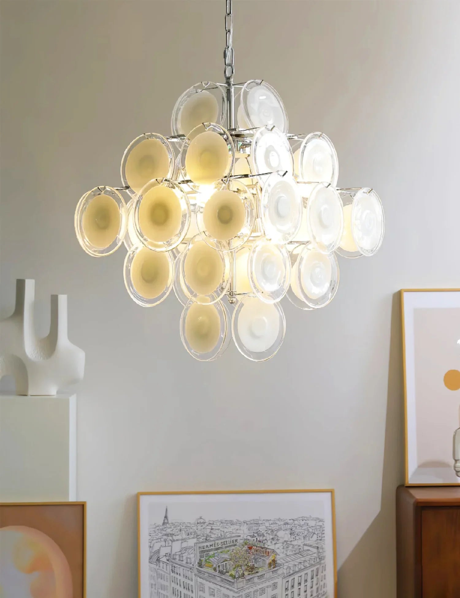Murano Disc White Clear Glass Chandelier product image