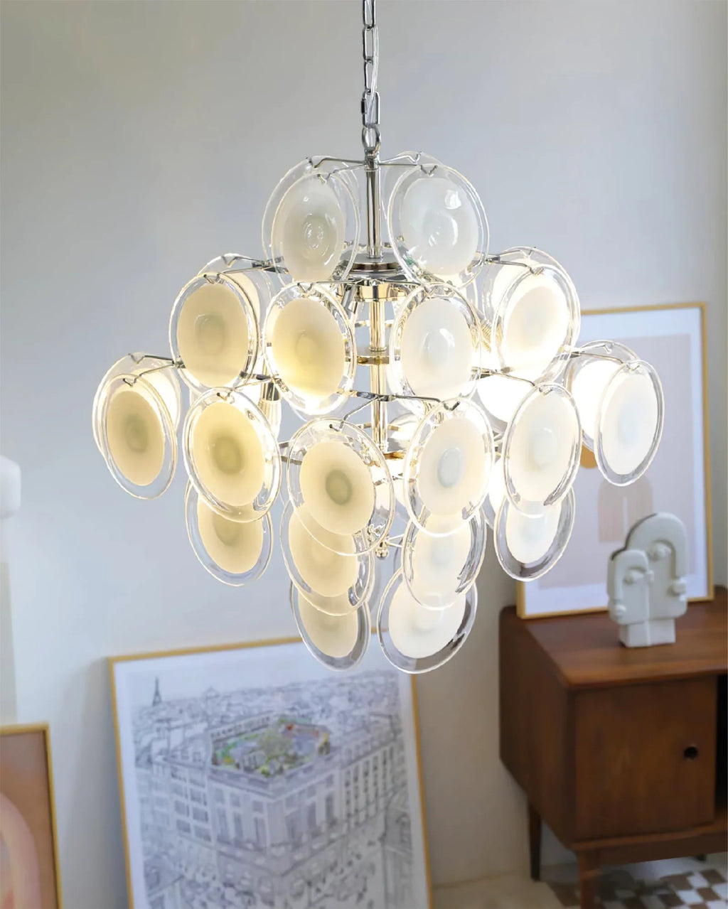 Murano Disc White Clear Glass Chandelier product image
