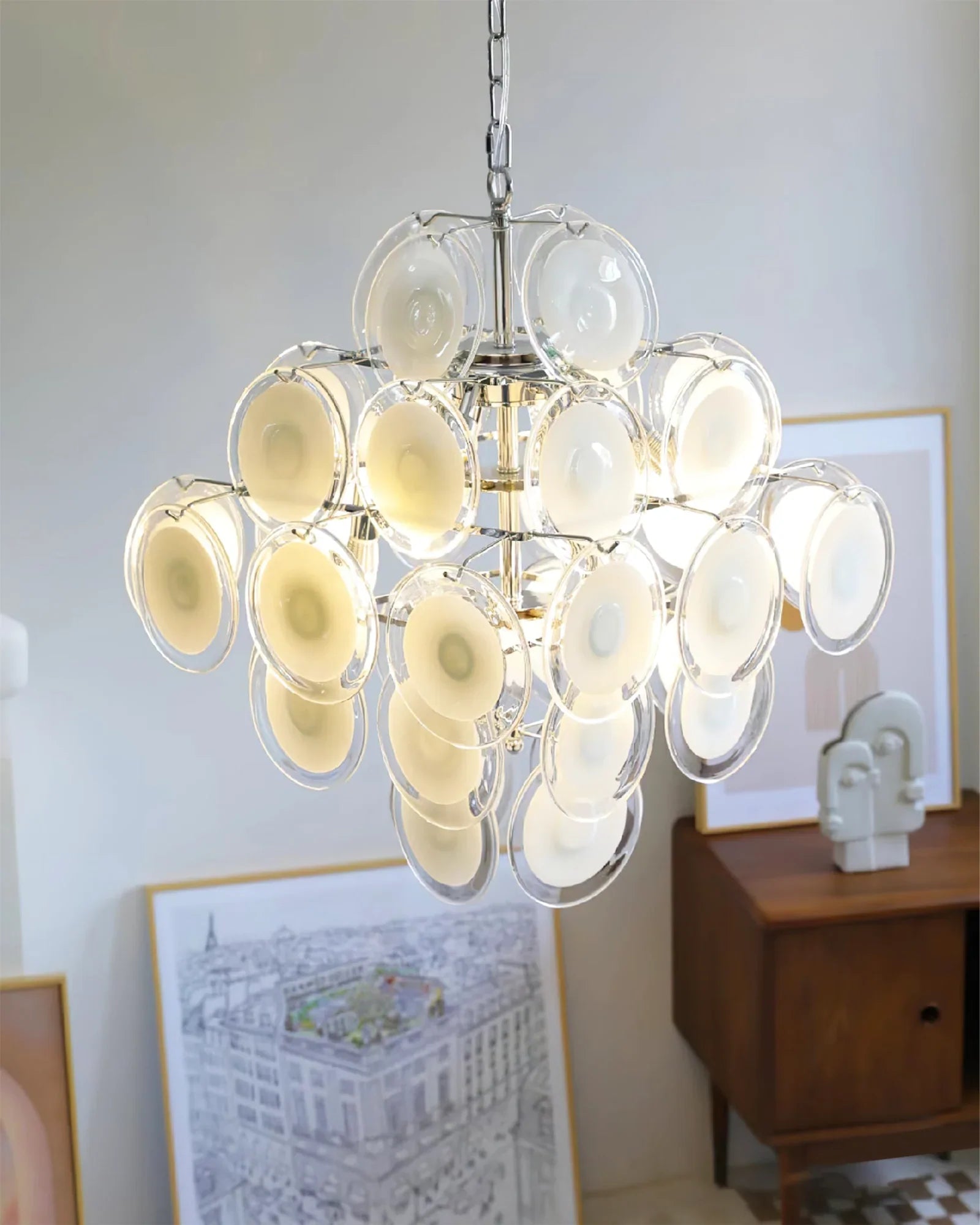Murano Disc White Clear Glass Chandelier product image