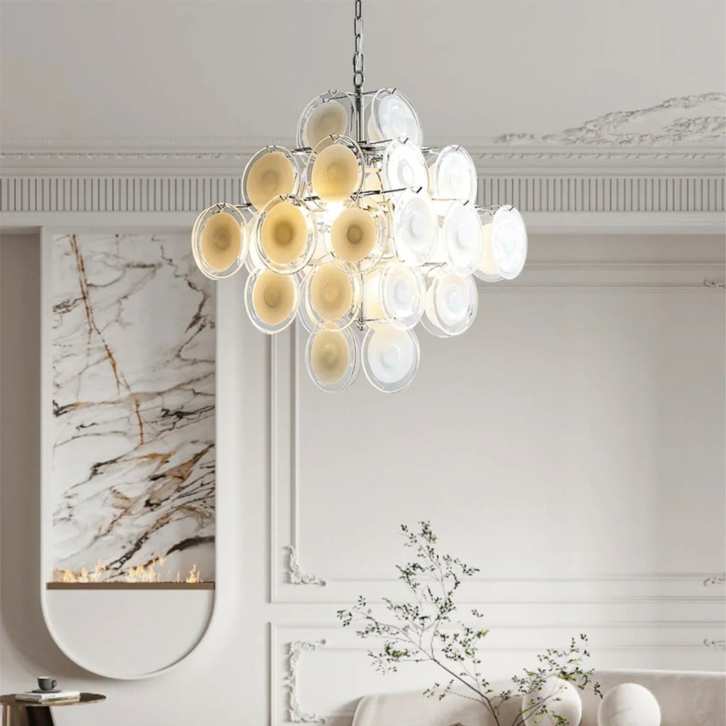 Murano Disc White Clear Glass Chandelier detail view