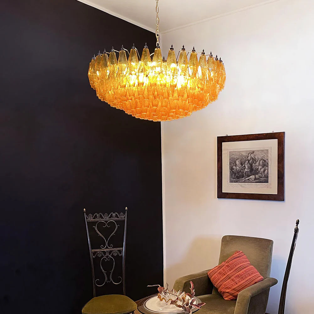 Murano Poliedri Faceted Amber Glass Chandelier material and finish detail
