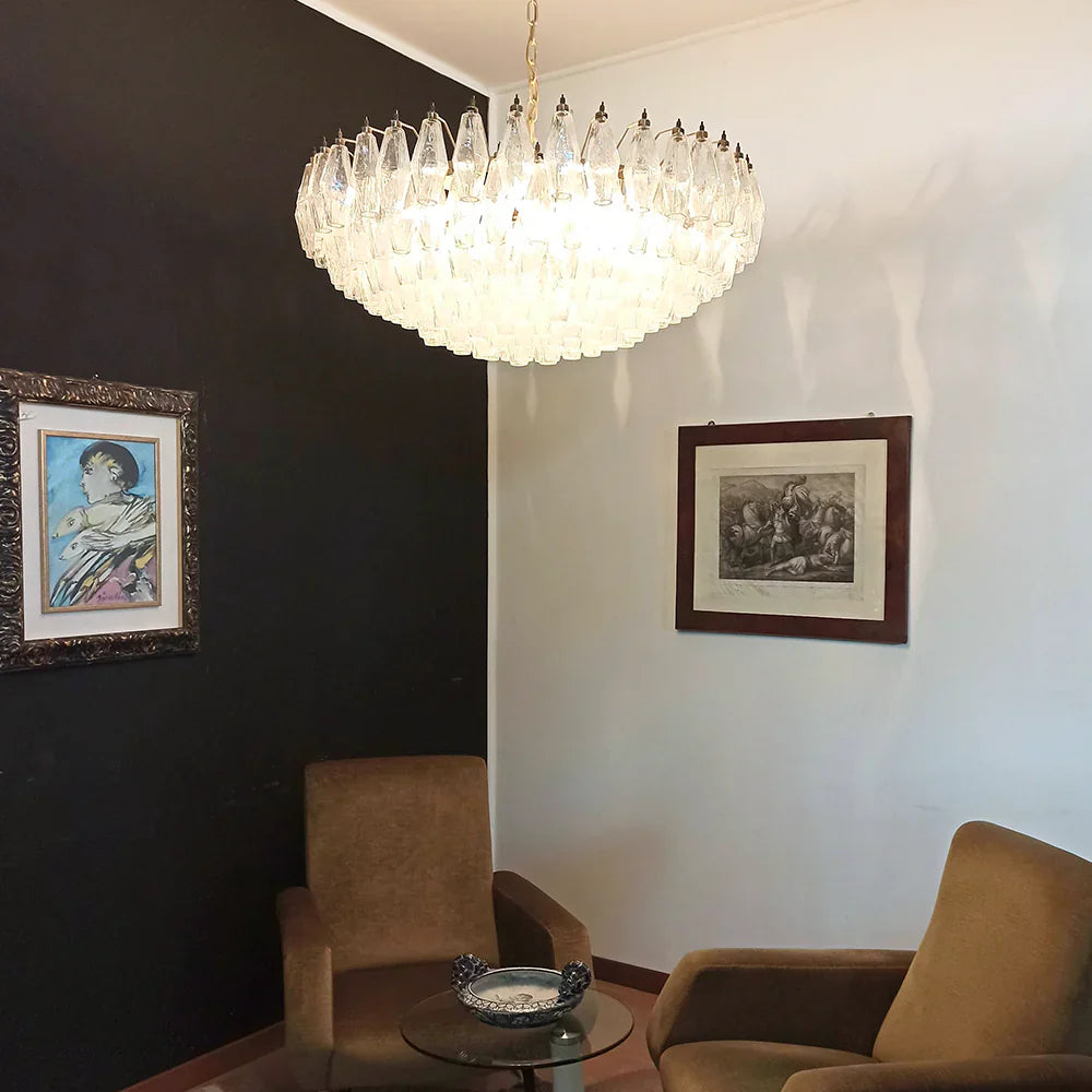 Murano Poliedri Faceted Transparent Glass Chandelier detail view