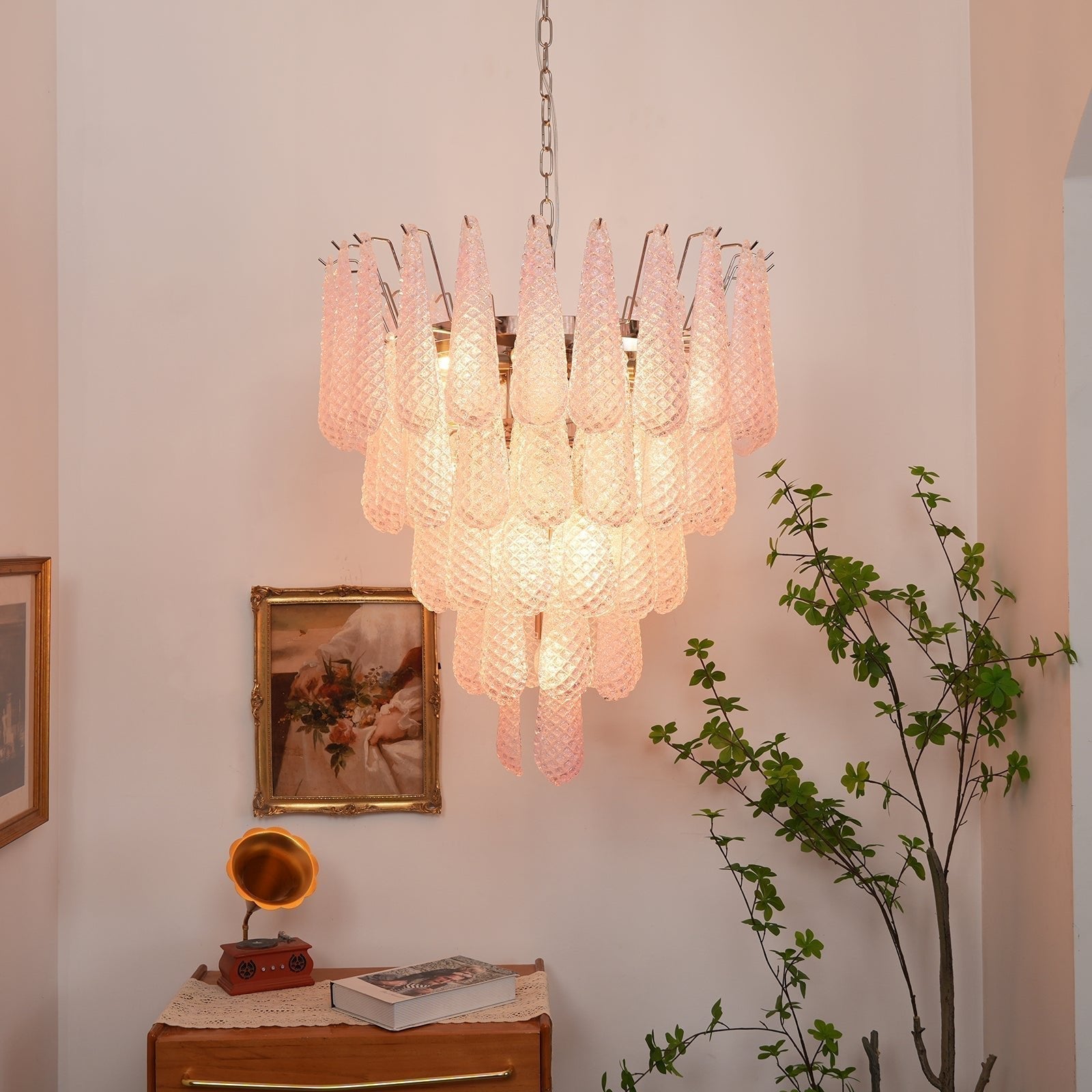 Modern Murano Pink Glass Dewdrop Chandelier detail view