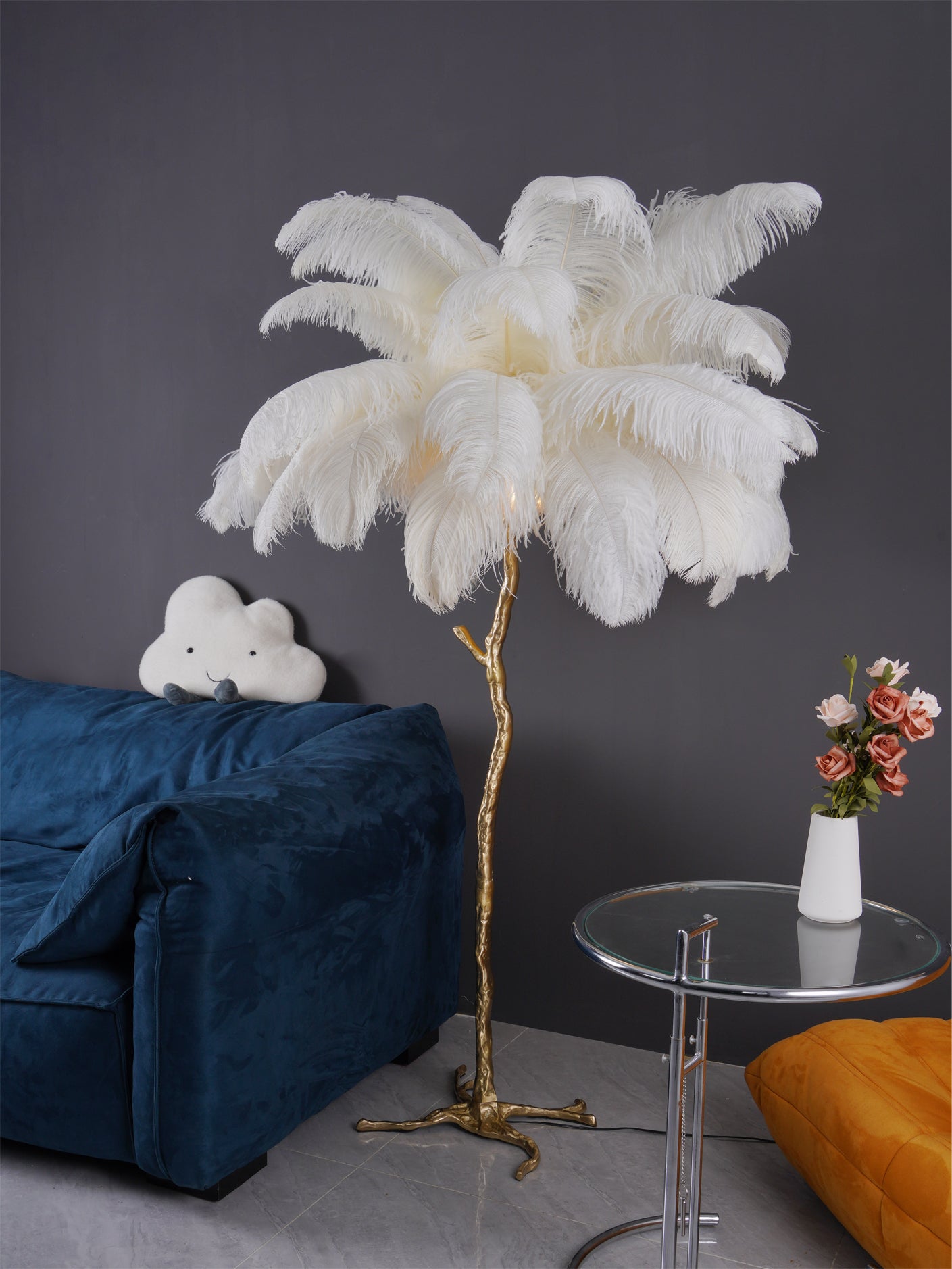 Ostrich Feather Brass Floor Lamp by Bling Lighting Studio