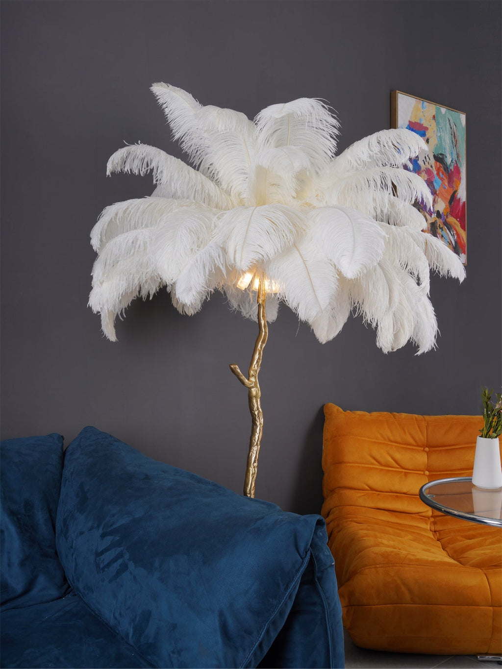 Ostrich Feather Brass Floor Lamp by Bling Lighting Studio