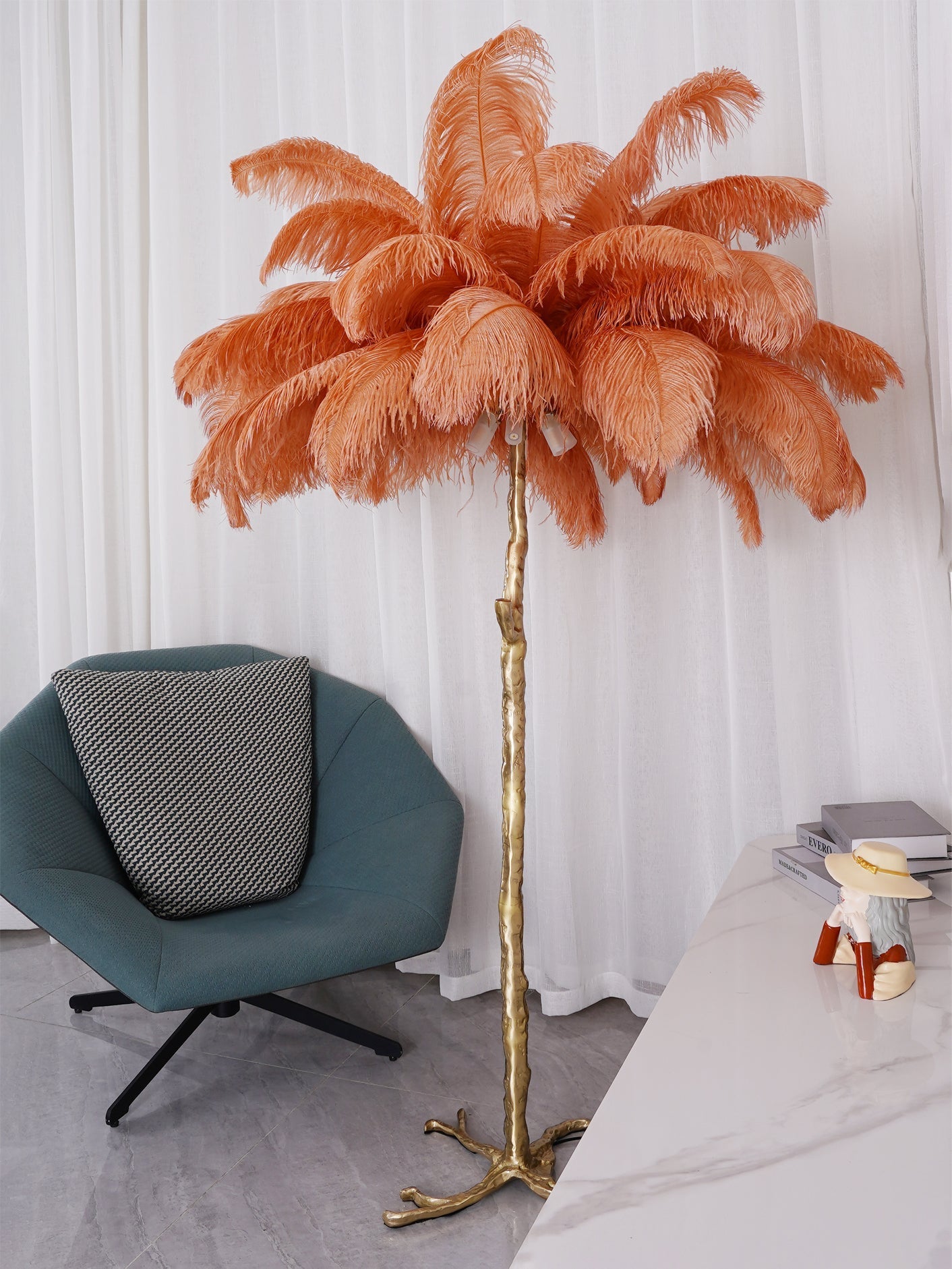 Ostrich Feather Brass Floor Lamp by Bling Lighting Studio