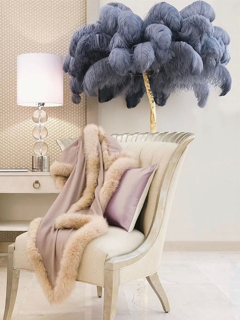 Ostrich Feather Brass Floor Lamp by Bling Lighting Studio