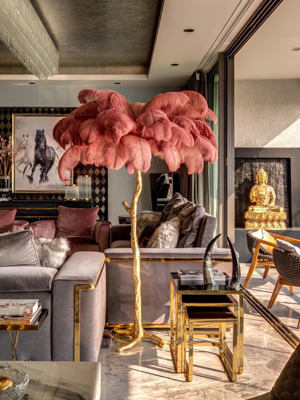 Ostrich Feather Brass Floor Lamp by Bling Lighting Studio