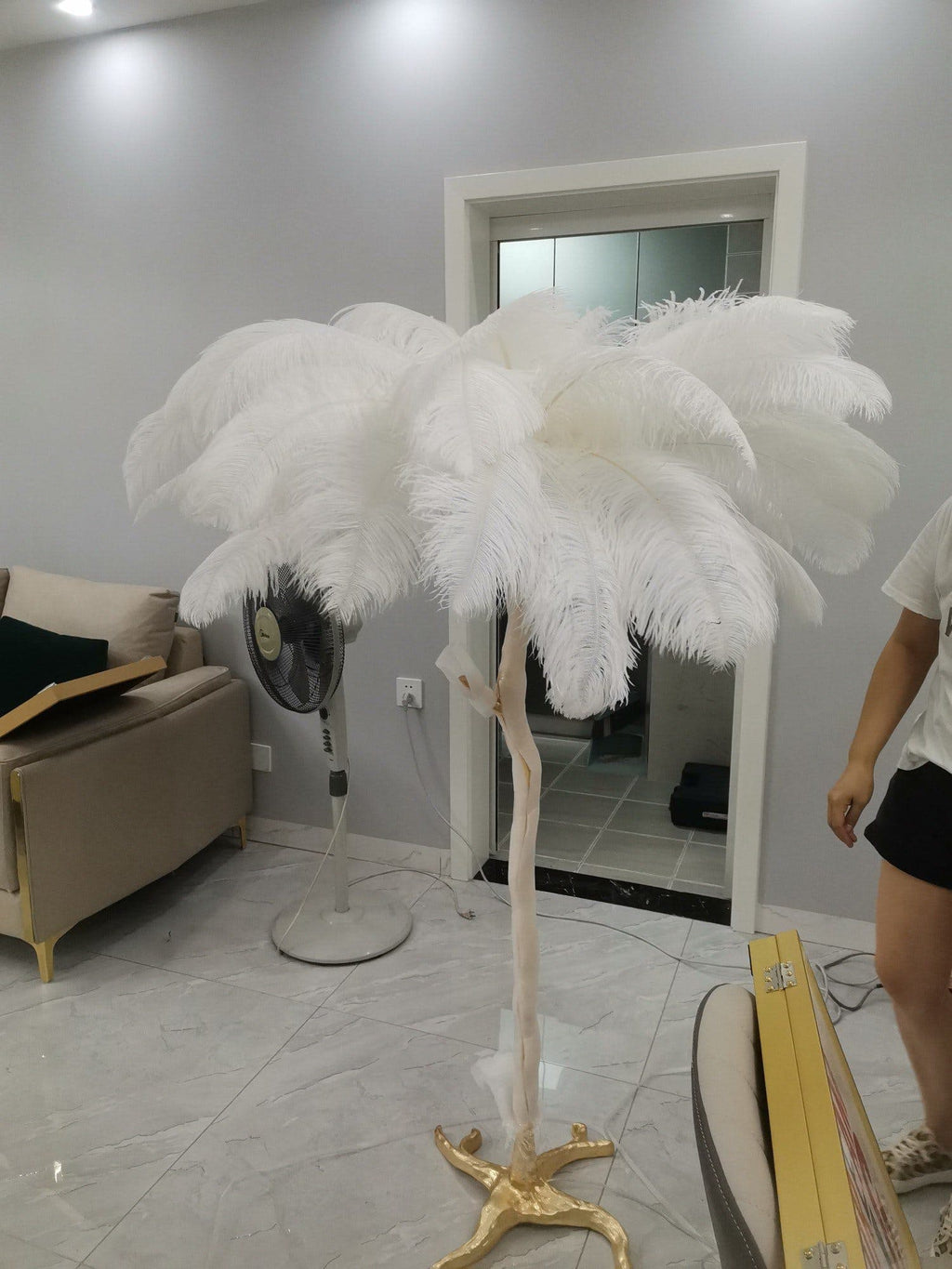 Ostrich Feather Brass Floor Lamp by Bling Lighting Studio