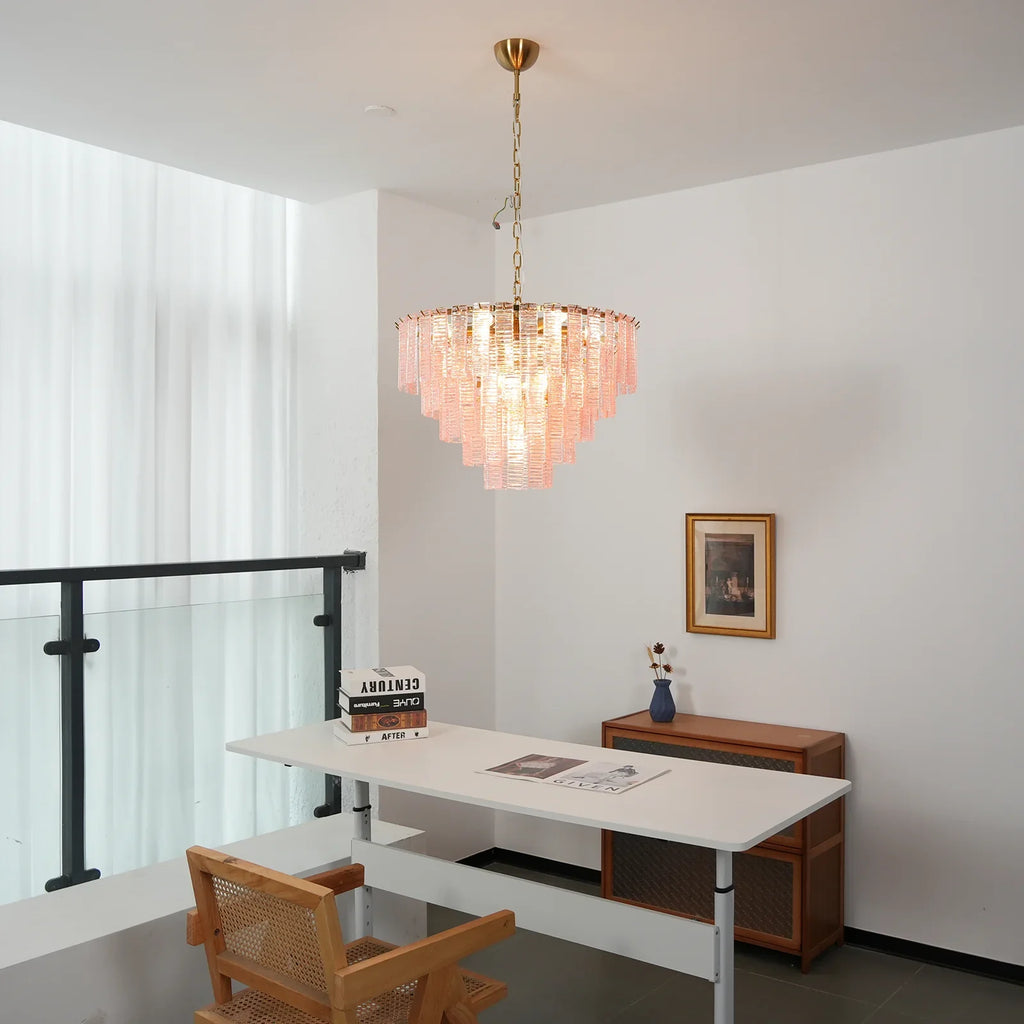 Pink Ridged Glass Rectangle Chandelier material and finish detail