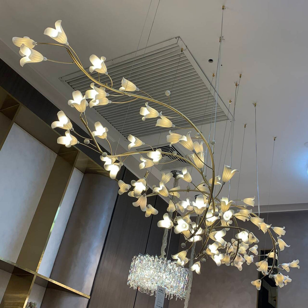 Modern Brass Branch Ceramics Flower Chandelier for Stylish Living Room Hotel and Restaurant by Bling Lighting Studio