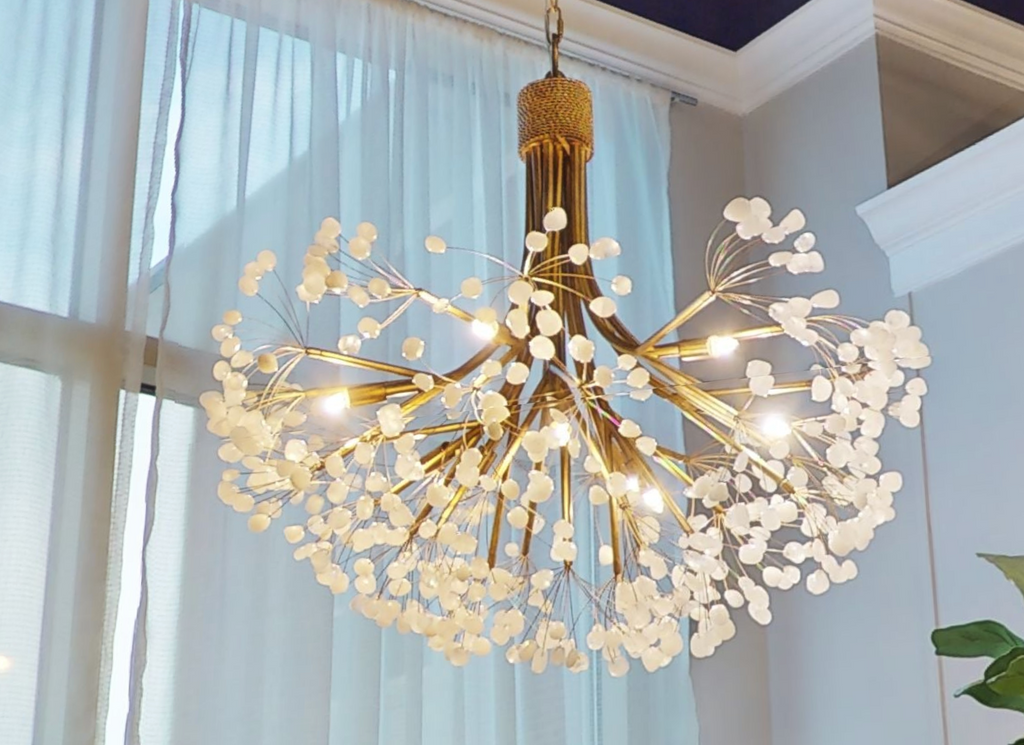 Stone Quartz Nine-Light Chandelier, Gold Leaf Finish with Natural Crystals, G9 Bulbs by Bling Lighting Studio