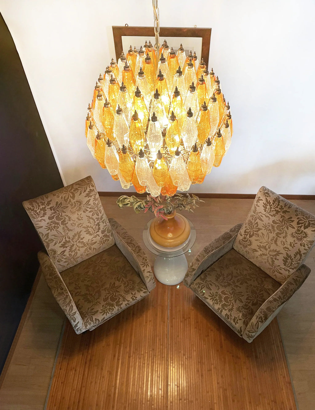 Spherical Murano Poliedri Amber Transparent Glass Chandelier material and finish detail