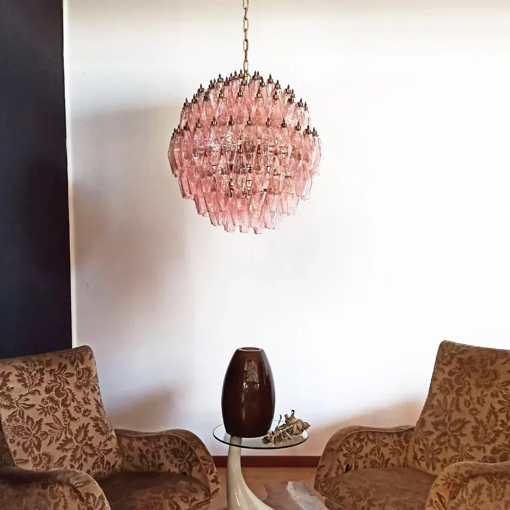 Spherical Murano Poliedri Pink Glass Chandelier detail view
