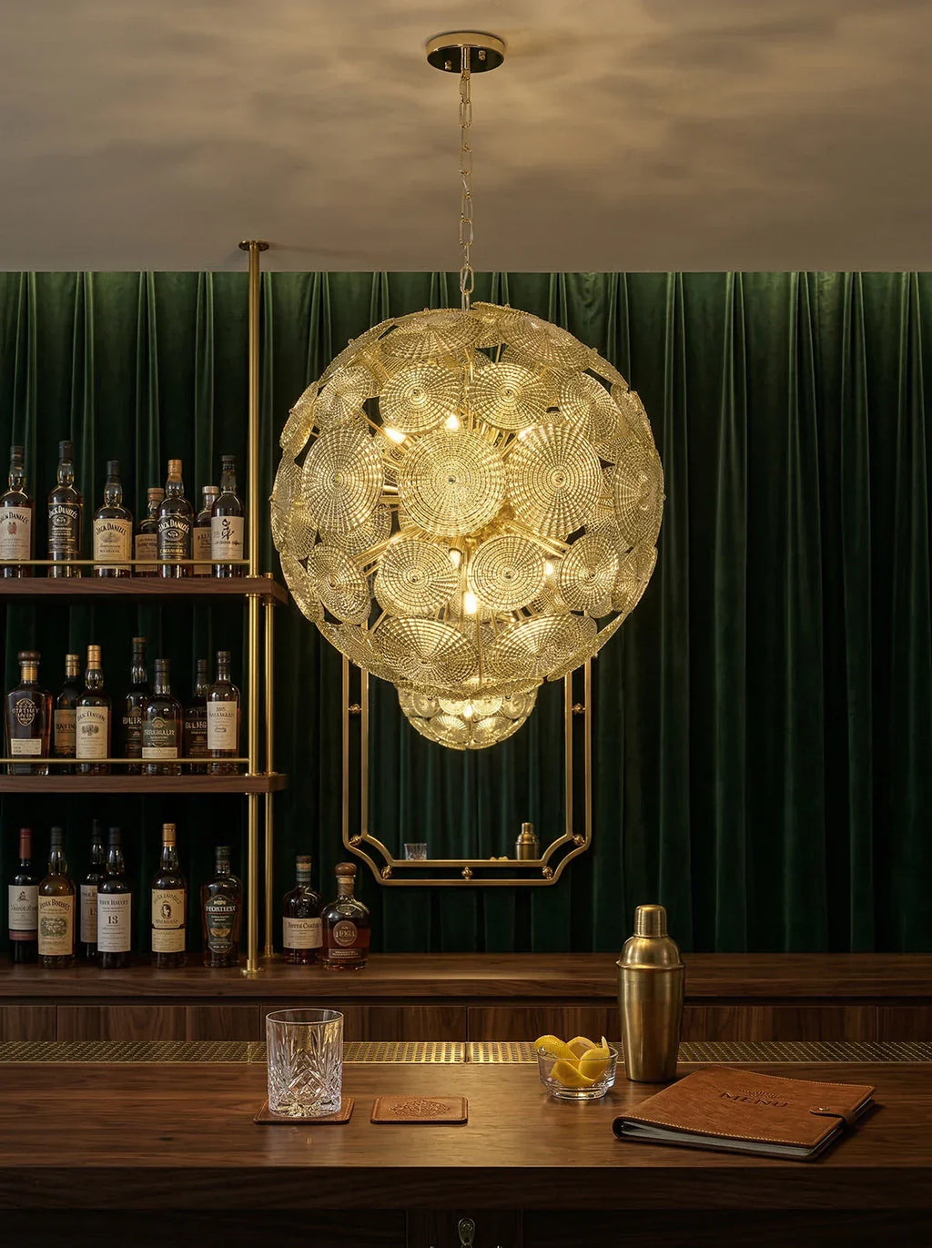 Sputnik Sphere Glass Disc Chandelier material and finish detail