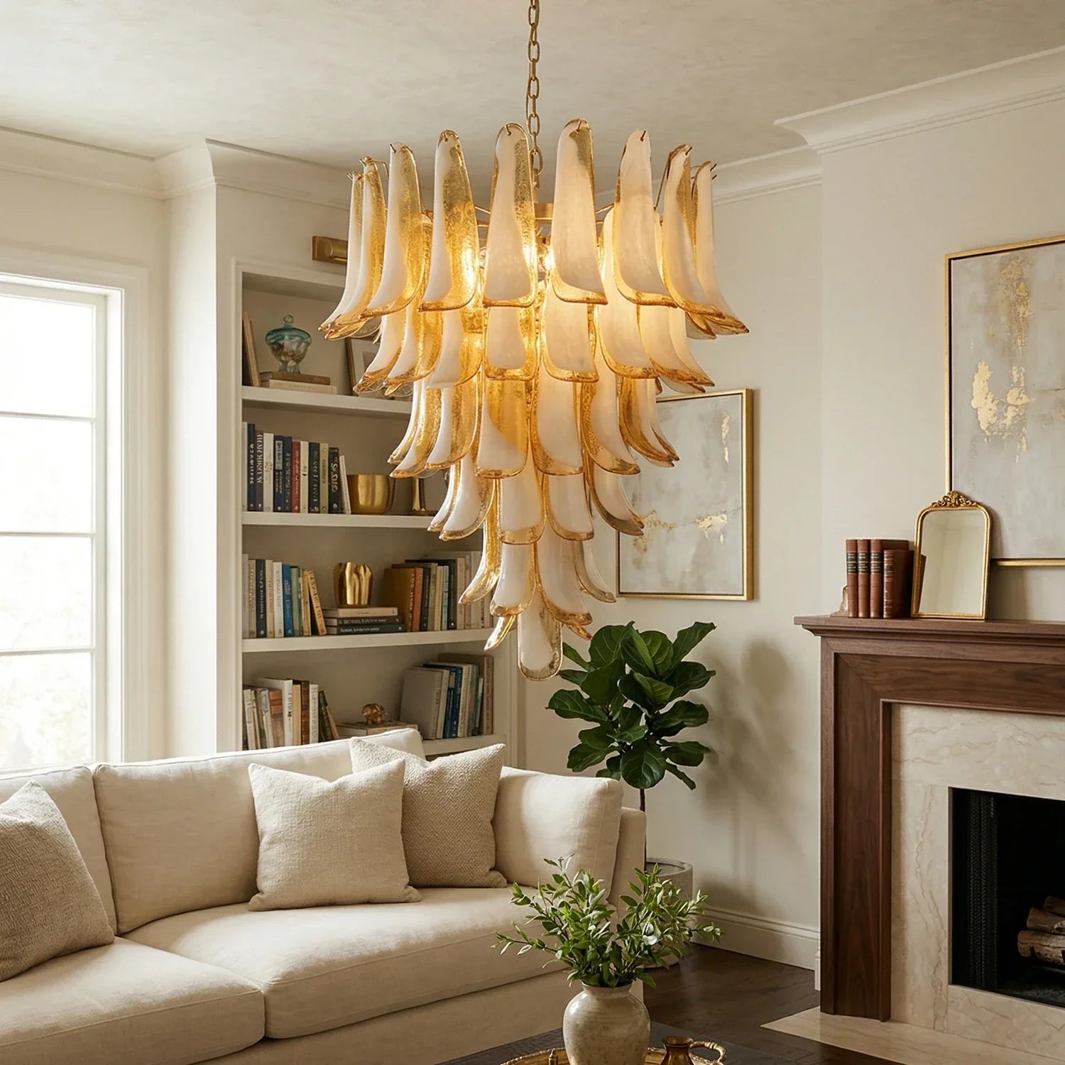 Vintage Murano Caramel Glass Petals Chandelier detail view