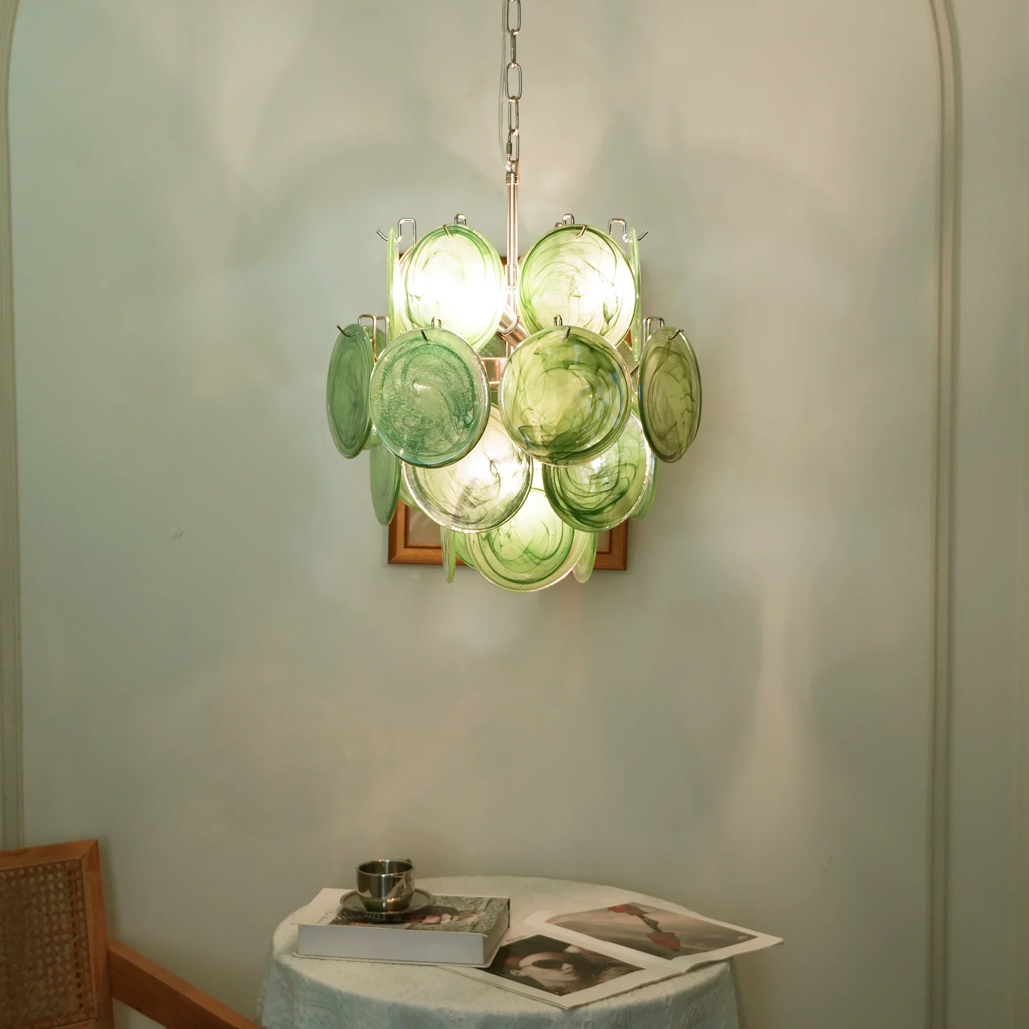 Vintage Murano Green Glass Disks Chandelier detail view