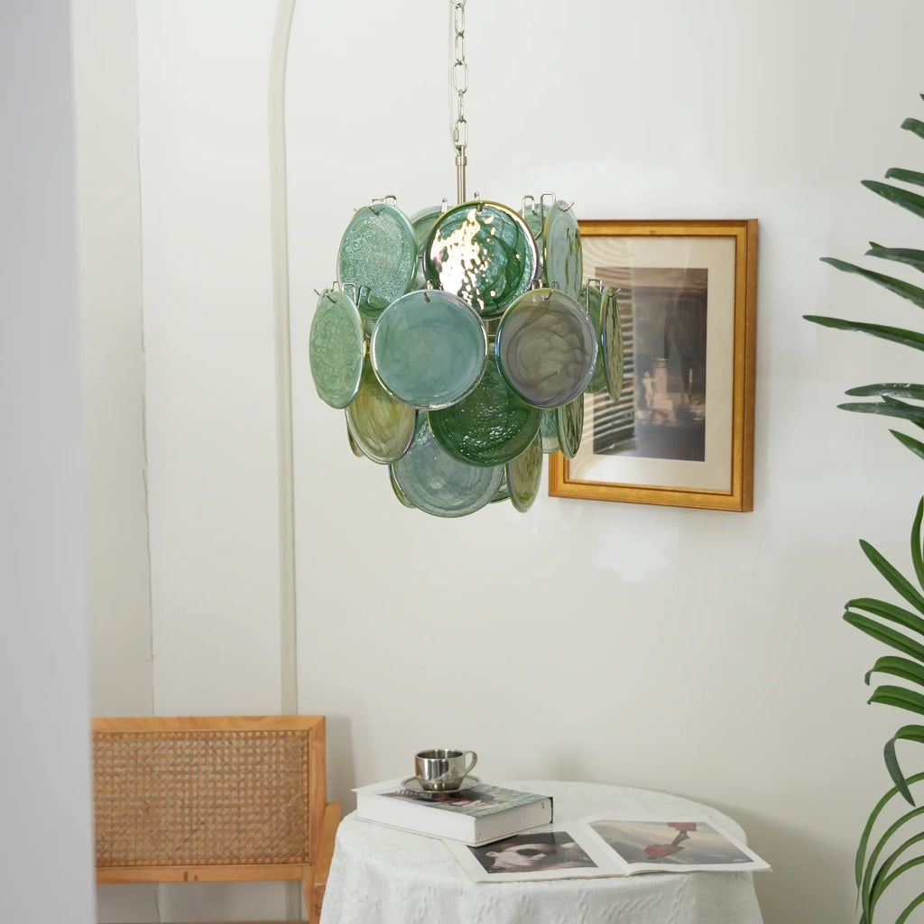 Vintage Murano Green Glass Disks Chandelier material and finish detail