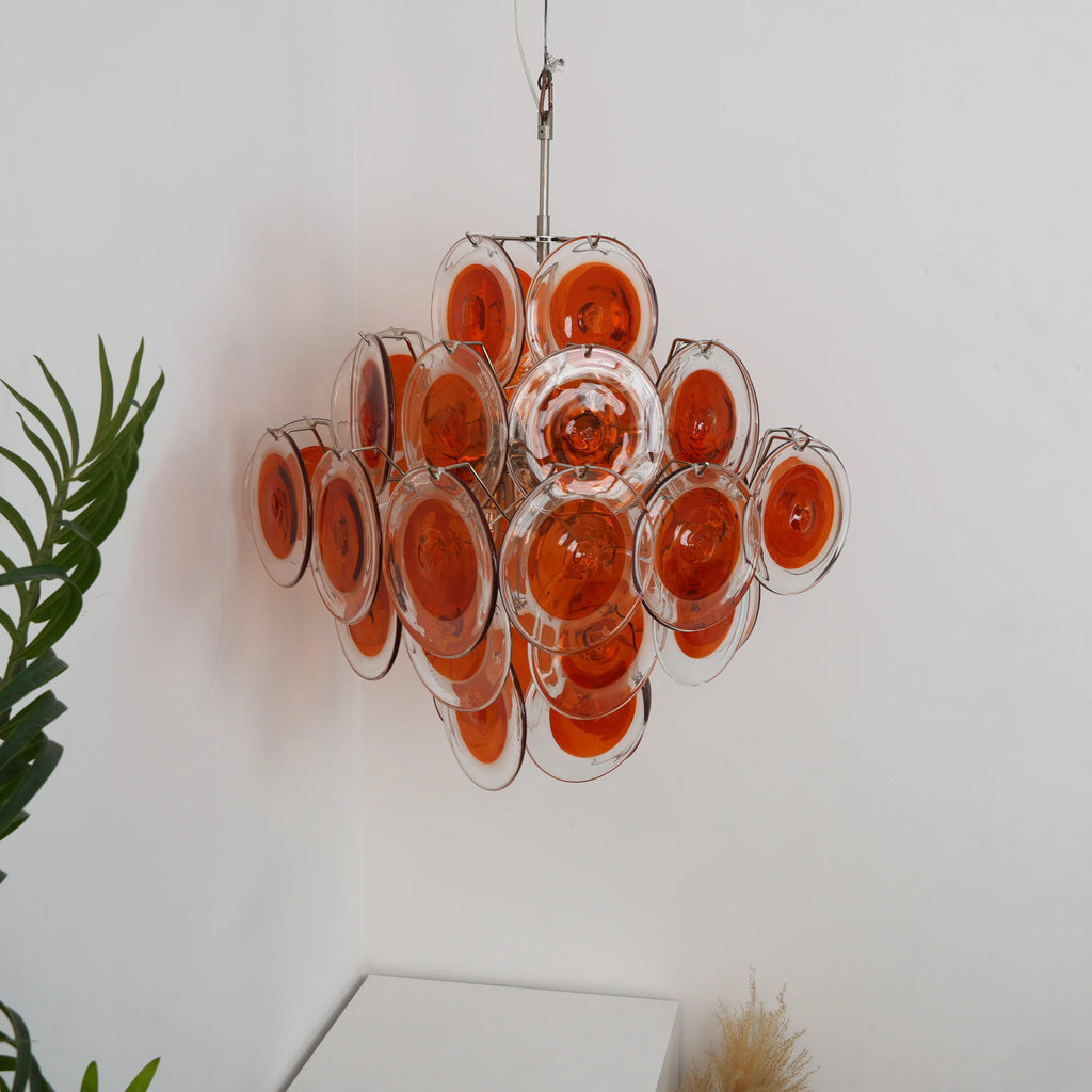 Vintage Murano Orange Brown Transparent Disc Chandelier material and finish detail